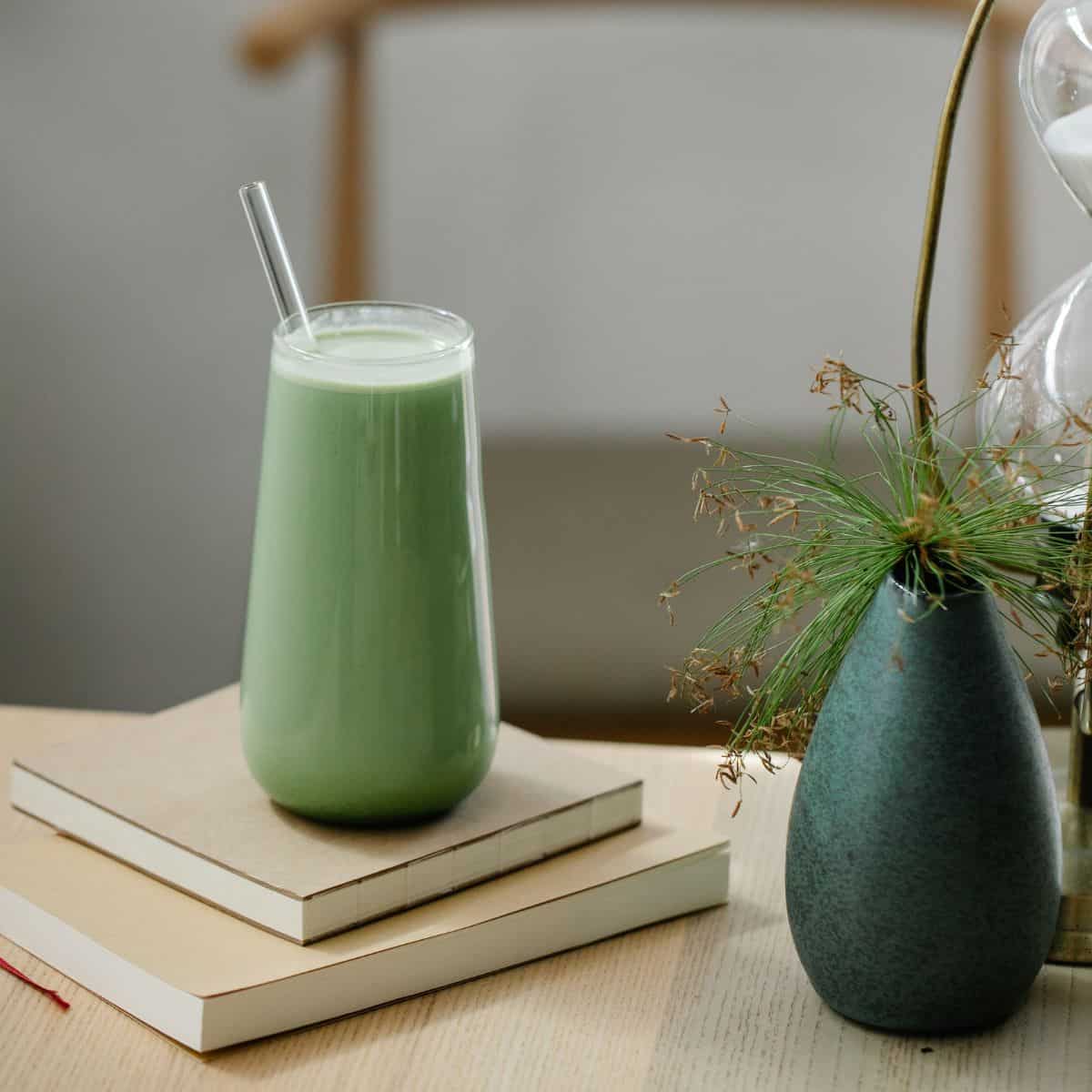 Best healthy mint chocolate chip green smoothie recipe on a table.