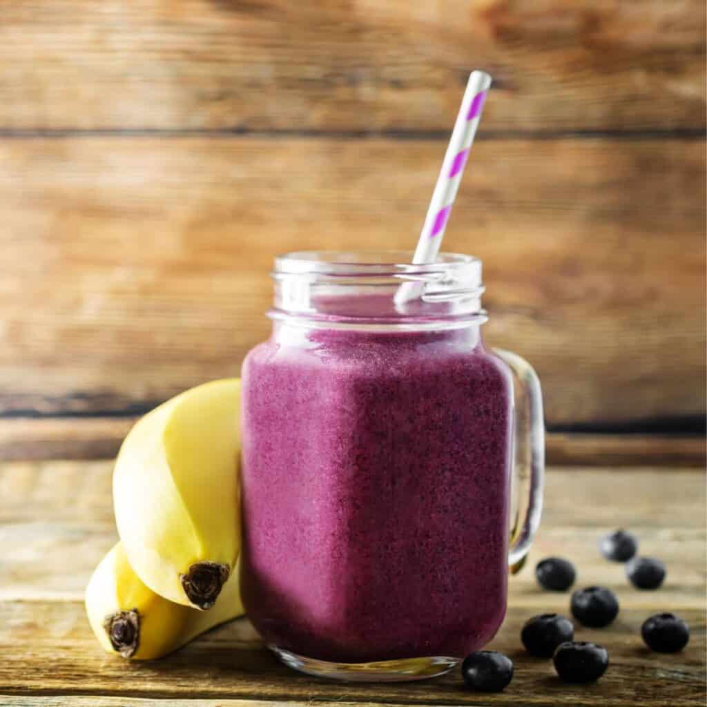 Blueberry banana smoothie recipe with hemp seeds and a great gut healing, gluten free recipe.