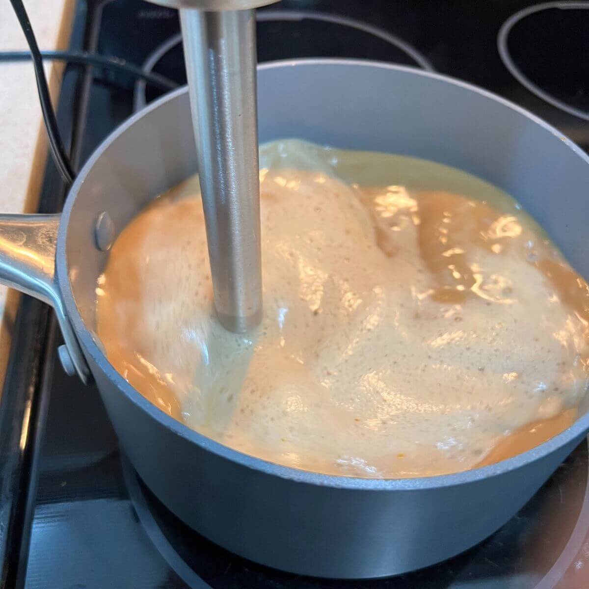 If you want the pumpkin spice latte extra frothy, after simmering for 5 minutes, transfer to a blender for 30 seconds or use an immersion blender right inside the saucepan.